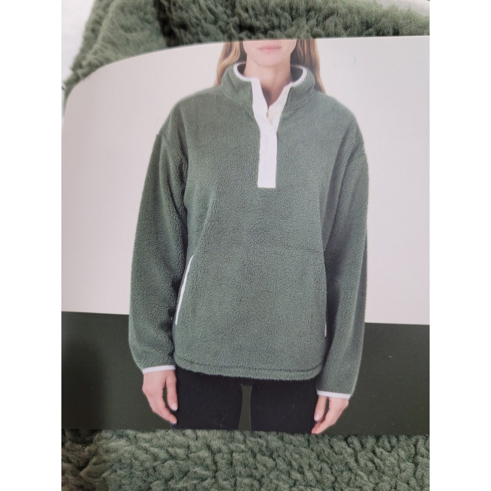 Como Vintage Sherpa Pullover Womens L/XL Green New Mock Neck Snap Fleece Pocket